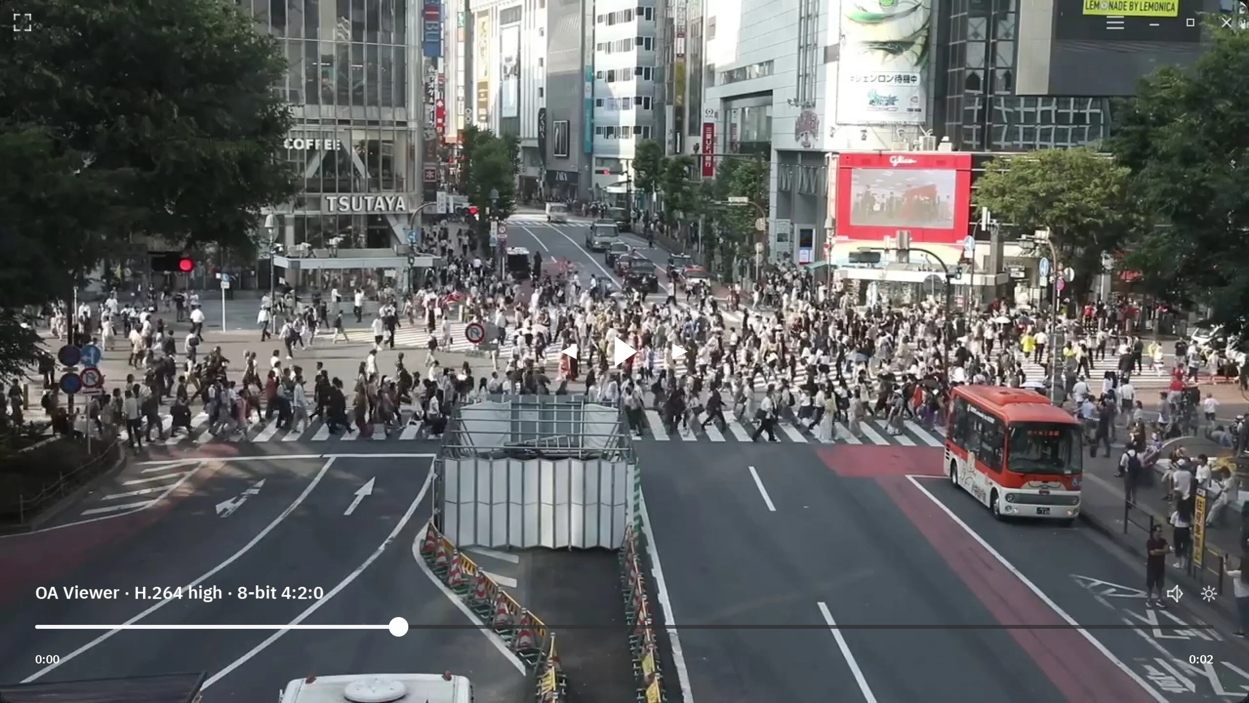 OA Viewer playing an H.264 Shibuya Crossing clip in fullspace mode