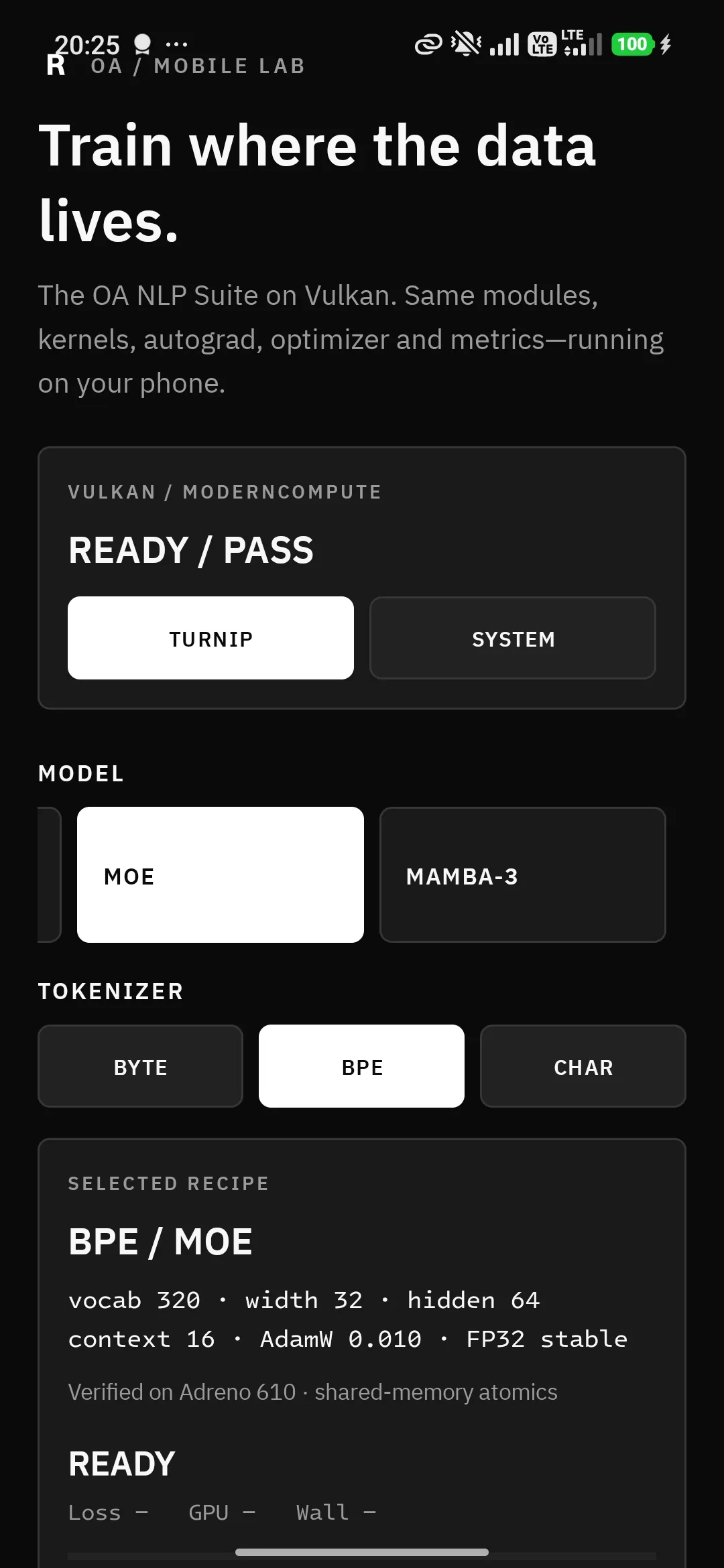 OA Mobile Lab model, tokenizer, and Vulkan driver controls